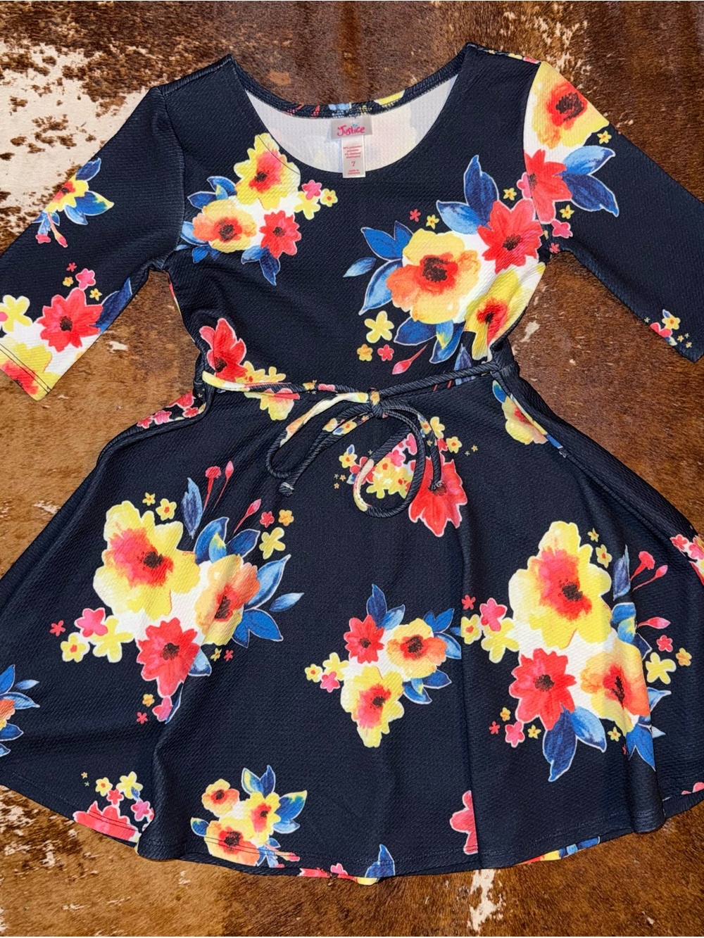 Justice Girls' navy Floral Tie-Waist Dress